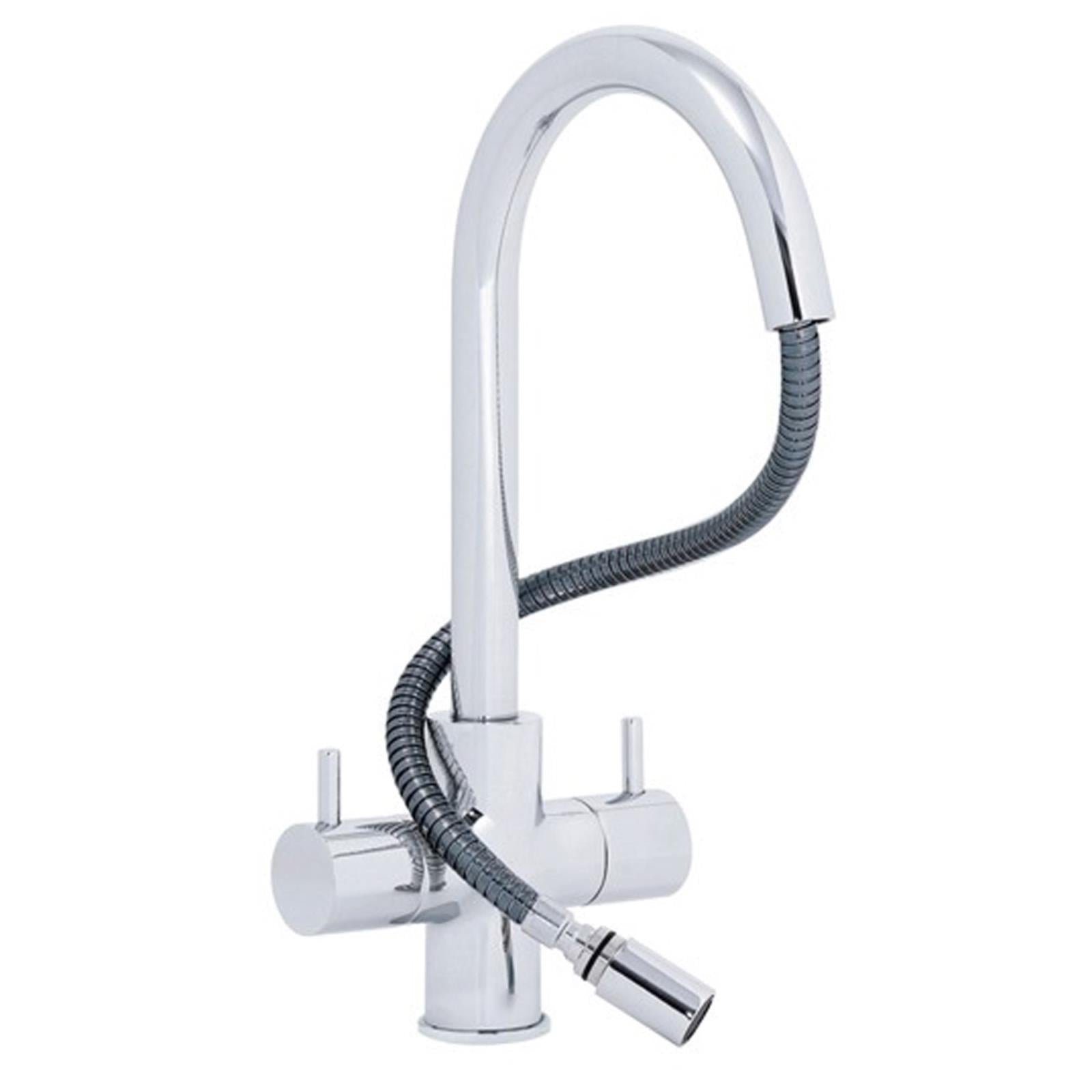 W04CH Twin Lever Kitchen Sink Mixer Tap With Pull Out Spray In Chrome